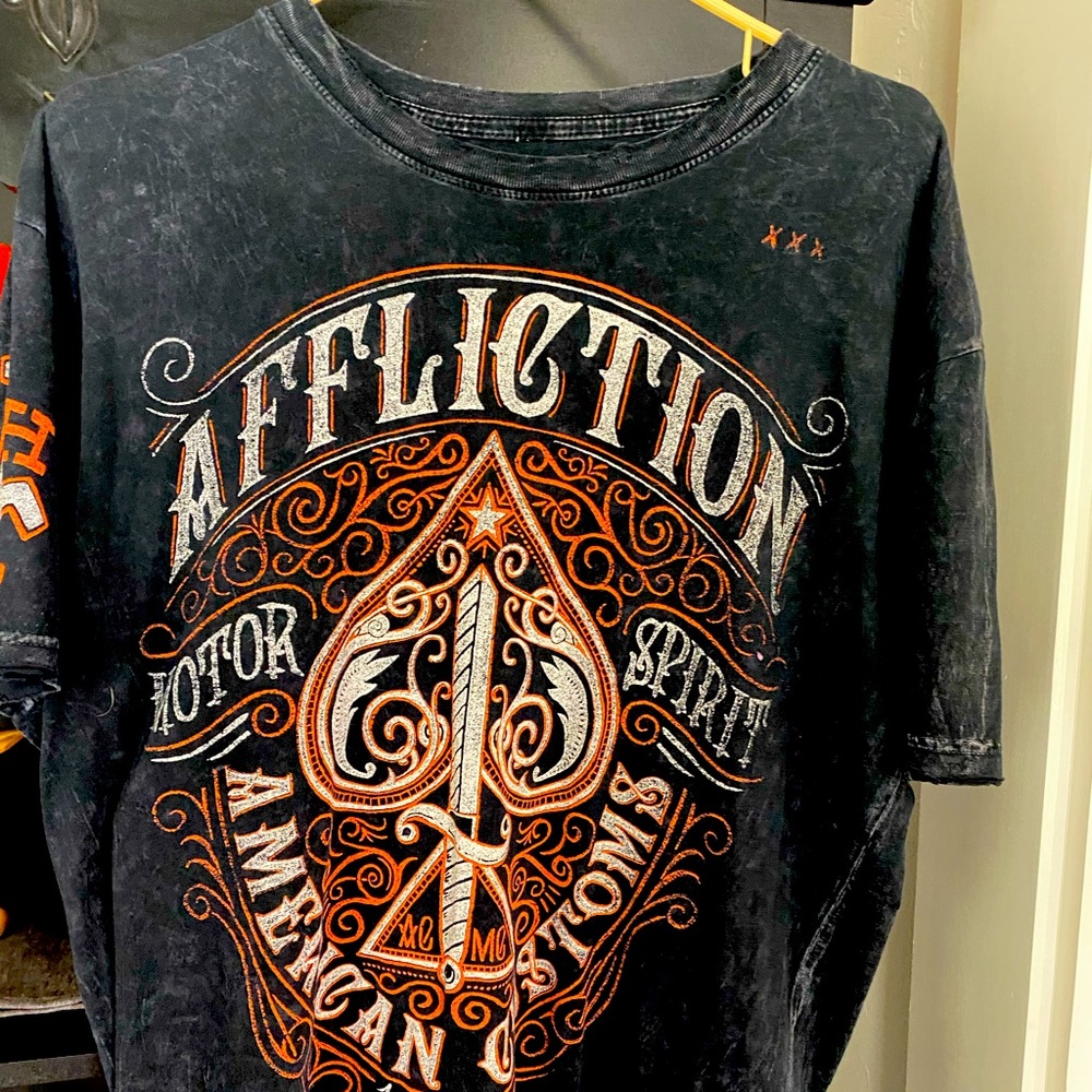 Men’s Affliction brand shirt, XL, short sleeve, black distressed and orange